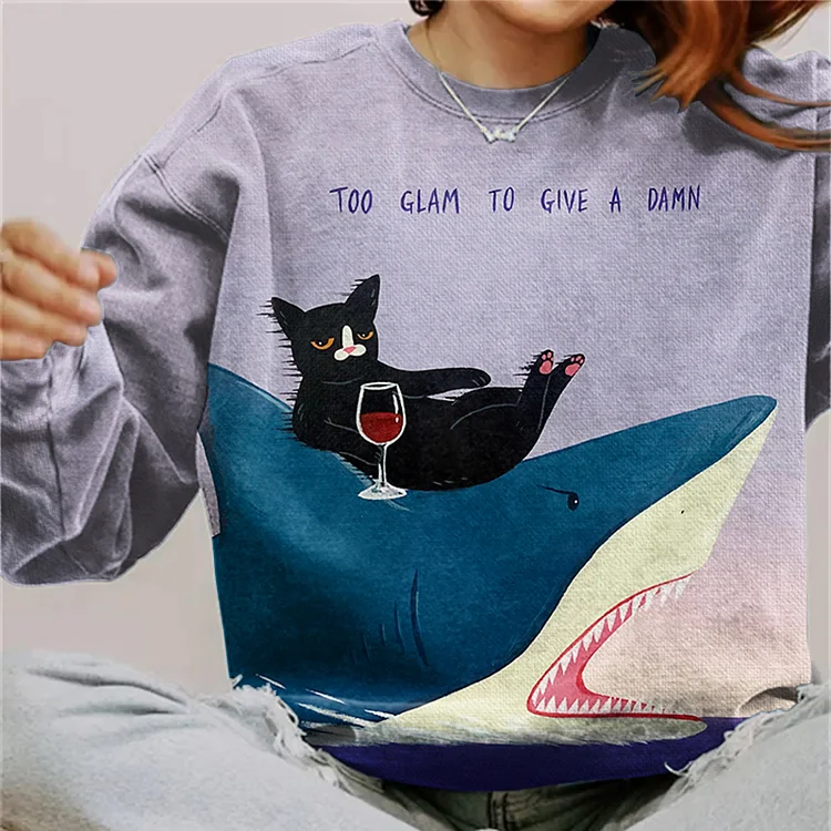 Comstylish Too Glam To Give A Damn Cat Print Sweatshirt