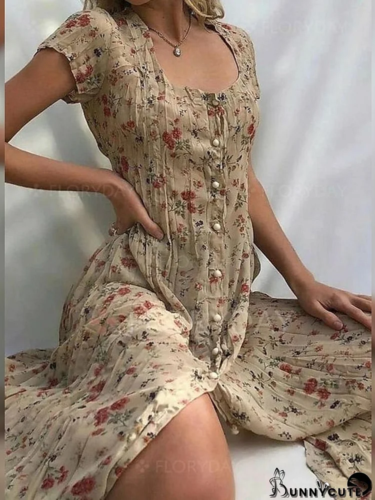 Women's Shift Dress Midi DressShort Sleeve Floral Button Front Print Summer Round Neck Boho Dress