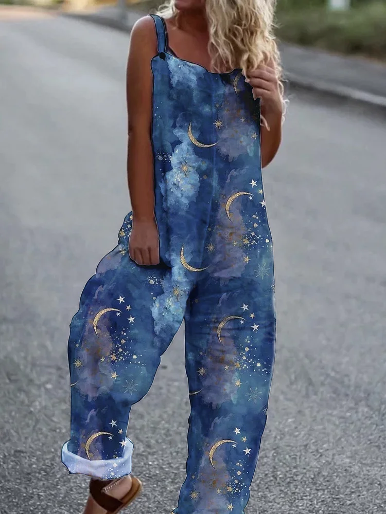 Night sky printed casual cotton linen jumpsuit