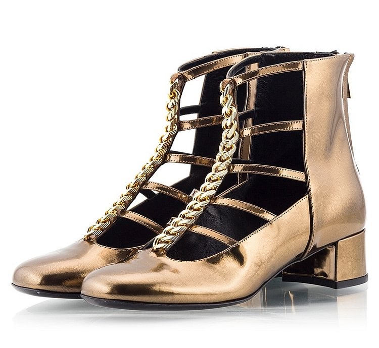 Women's Golden Fashion Boots Metal T strap Chunky Heels Ankle Boots |FSJ Shoes