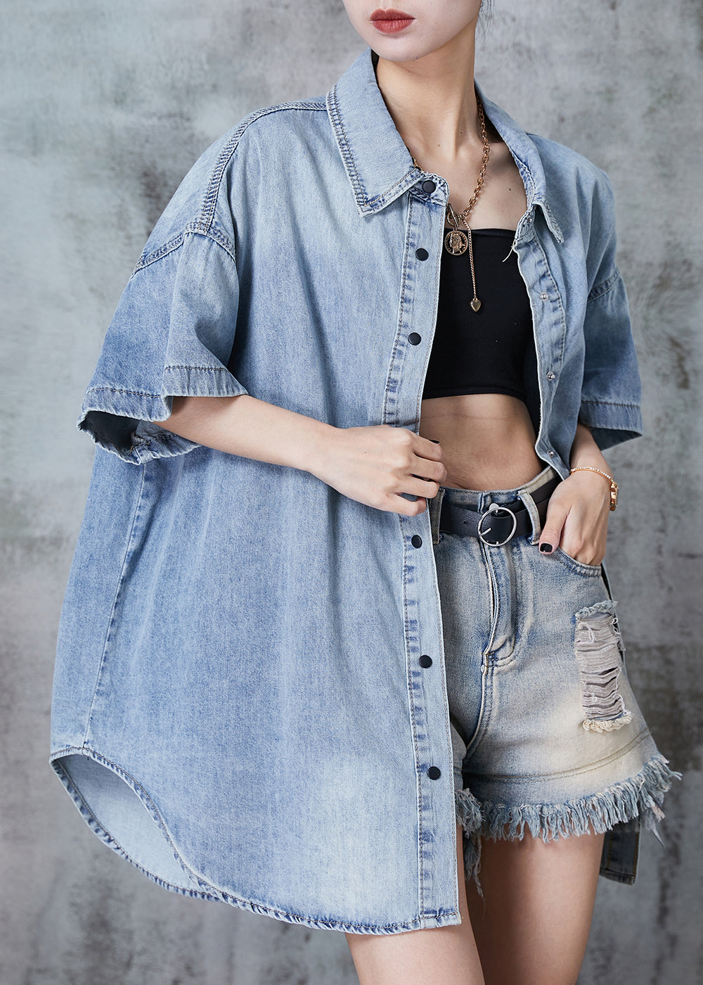 Oversized Button-Up Denim Shirt with Single Front Pocket - Blue