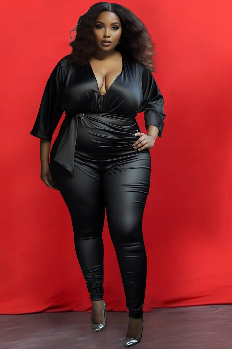 Plus Size Casual Jumpsuits Black Fall Winter V Neck 3/4 Sleeve Peplum Glitter Fabric Jumpsuits [Pre-Order]