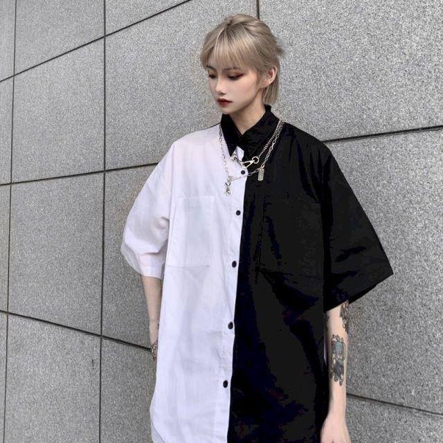 NiceMix gothic patchwork women blouses black and white shirts bf women clothes vintage summer tops shirt plus size couple blouse