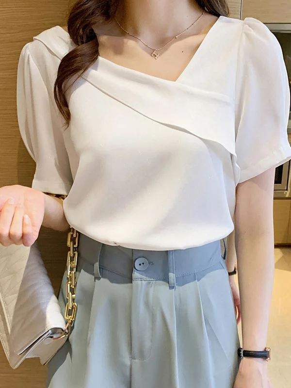White diagonal V-neck short-sleeved chiffon shirt  top
