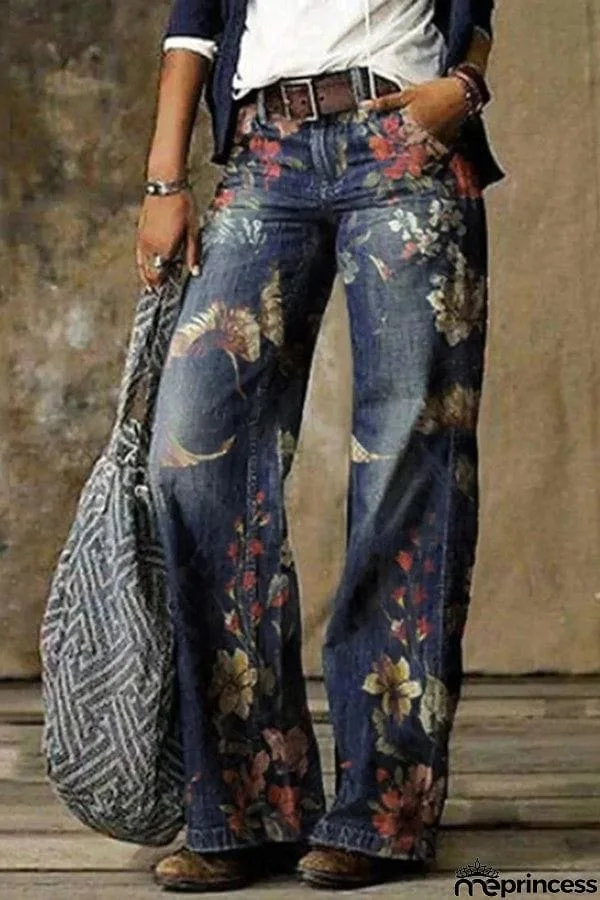 Alison Retro Print Pocketed Loose Jeans