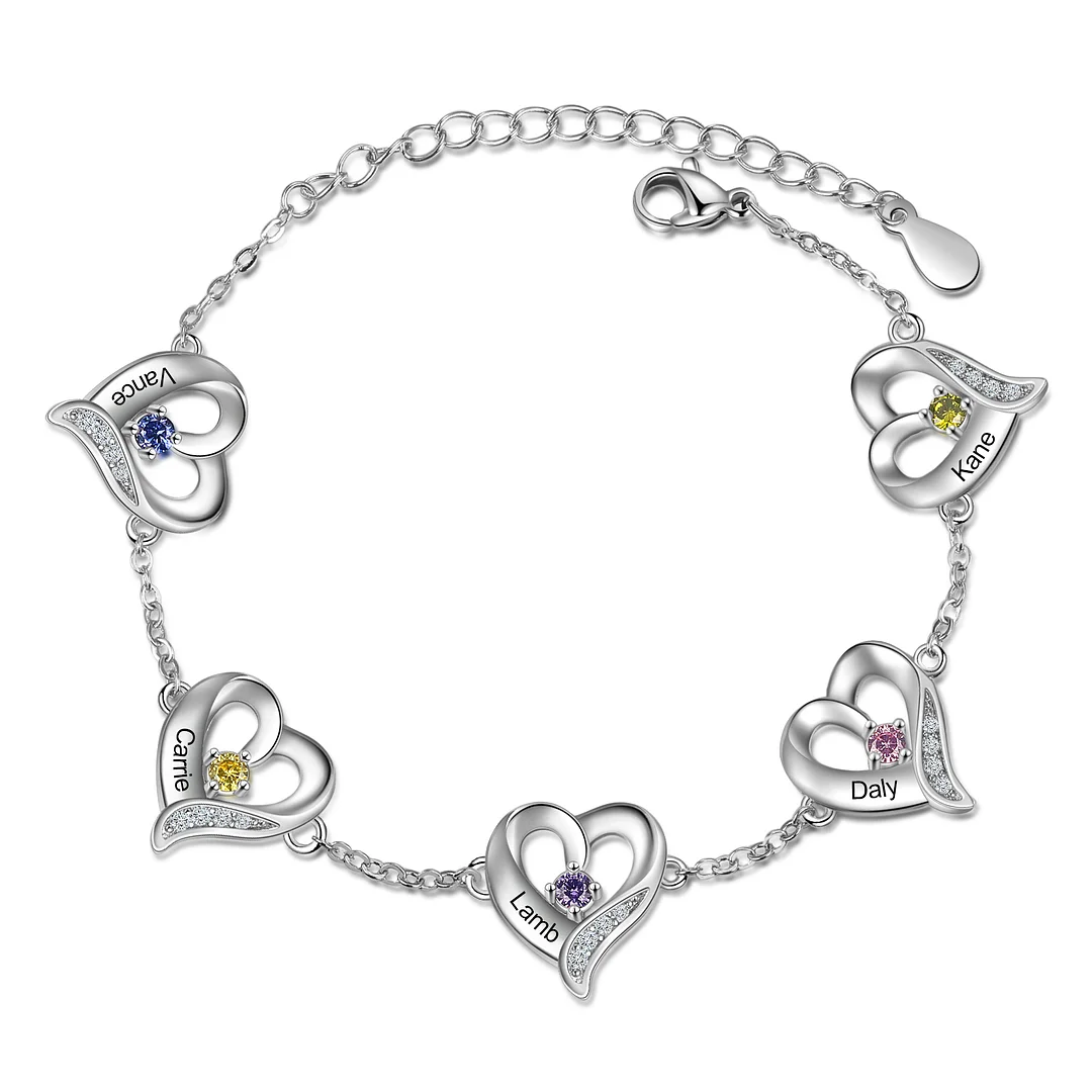 Personalized Heart Charm Bracelet Custom 5 Birthstones Bracelet for Her