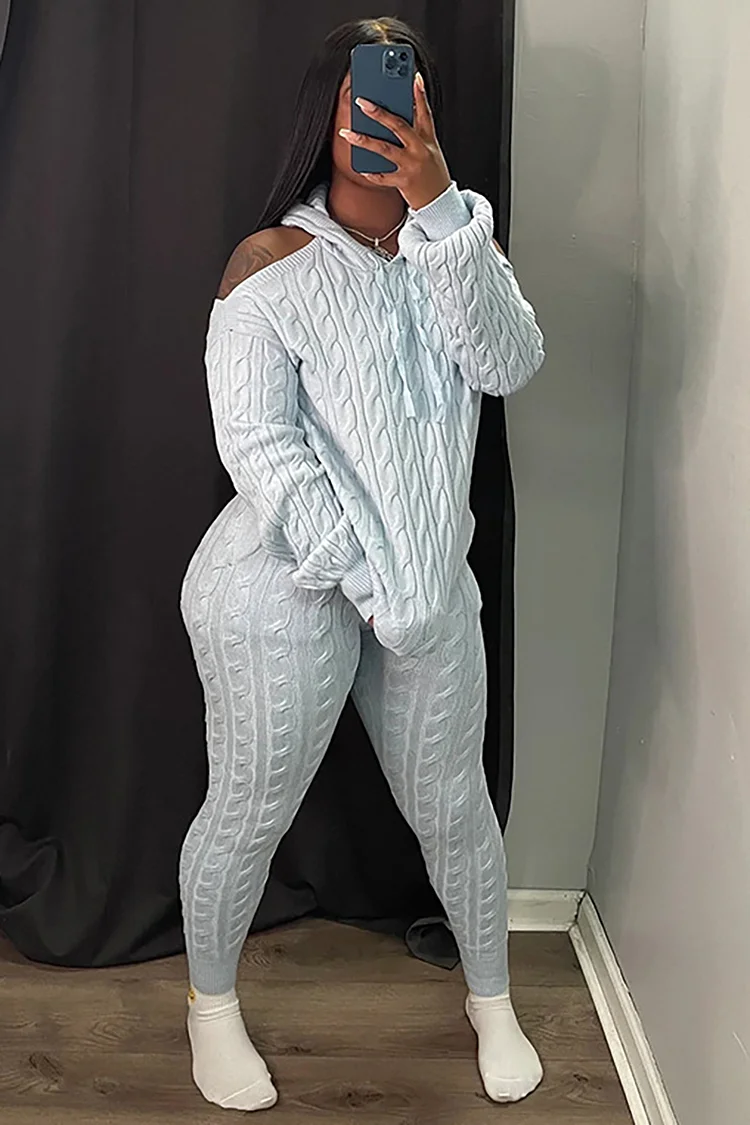 Knit Cold Shoulder Hooded Neck Sweaters Slim Fit Elastic Pants Matching Set