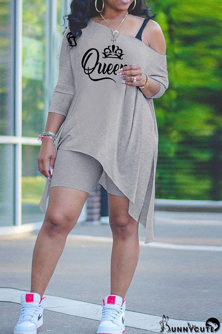 Grey Fashion Letter Print Patchwork Asymmetrical Oblique Collar Two Pieces
