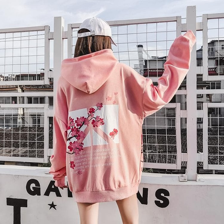 Black/Pink Peace Sakura Blossom Hoodie Jumper S12870