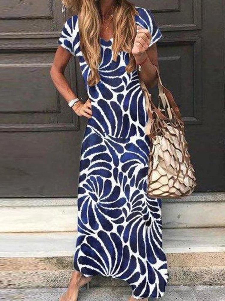 Stylish V-Neck Short Sleeve Printed Maxi Dress P15692