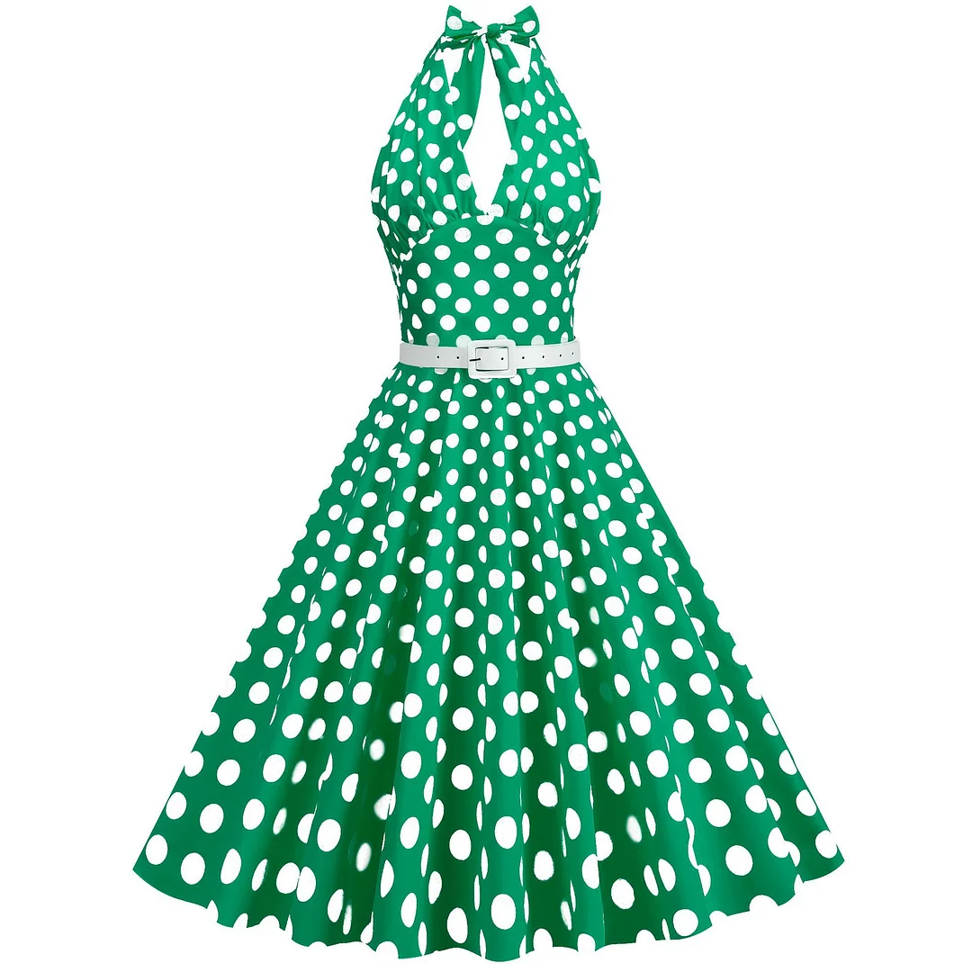 Polka dot patchwork waistband hanging neck Hepburn retro dress