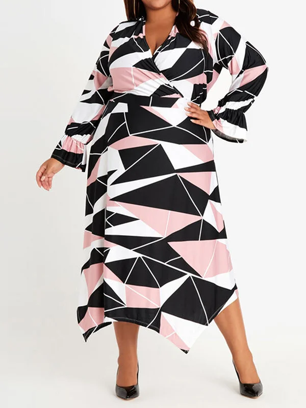 Asymmetric Contrast Color Printed Flared Sleeves Long Sleeves Deep V-Neck Midi Dresses