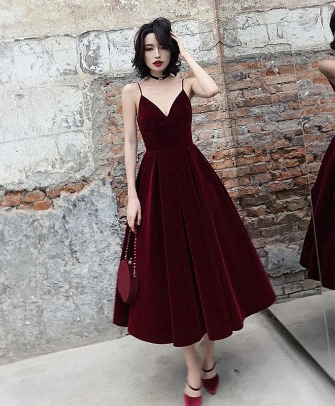 Simple Burgundy Tea Length Prom Dress, Burgundy Bridesmaid Dress A017