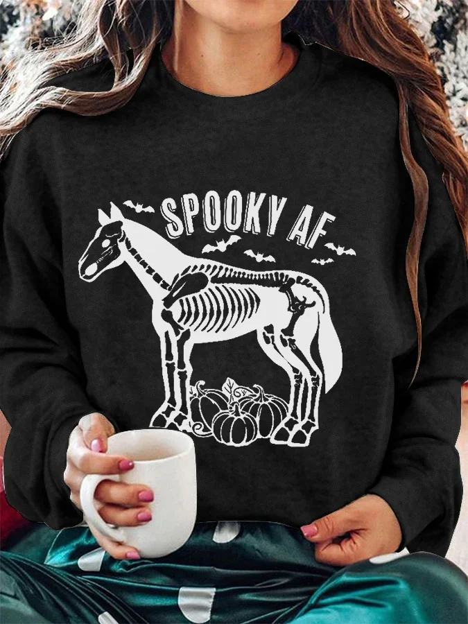 Women's Equestrian Halloween Spooky AF Print Crew Neck Sweatshirt