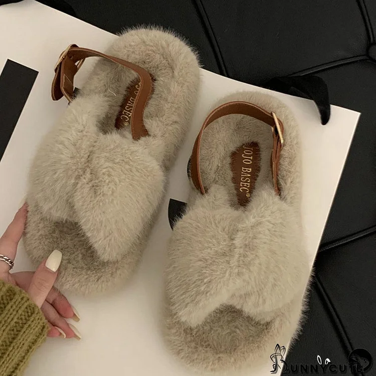 Women's Casual Solid Color Flat Sole Plush Slippers