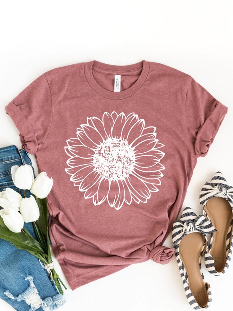 Flower Print Short Sleeve O neck Casual T shirt For Women P1691877