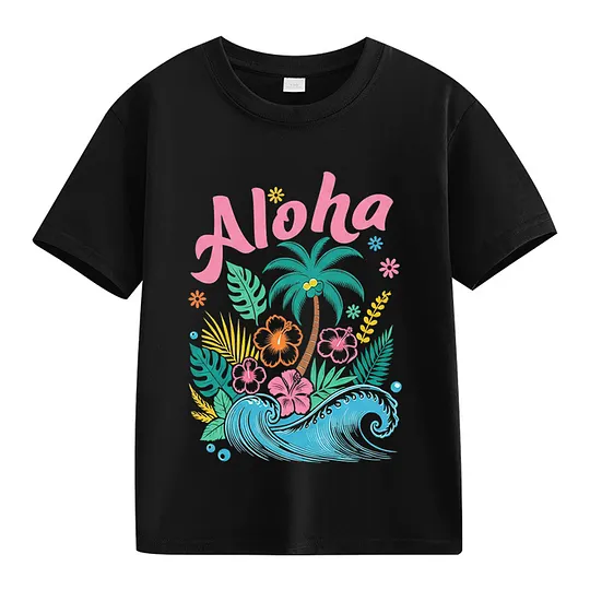 【2Y-13Y】Kids' “Aloha” Fresh Tropical & Hawaiian Style Cartoon Print T-Shirt