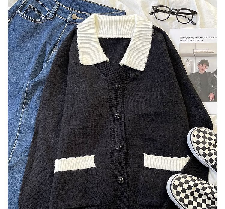 Long-Sleeve Color Block Knit Cardigan ZL25
