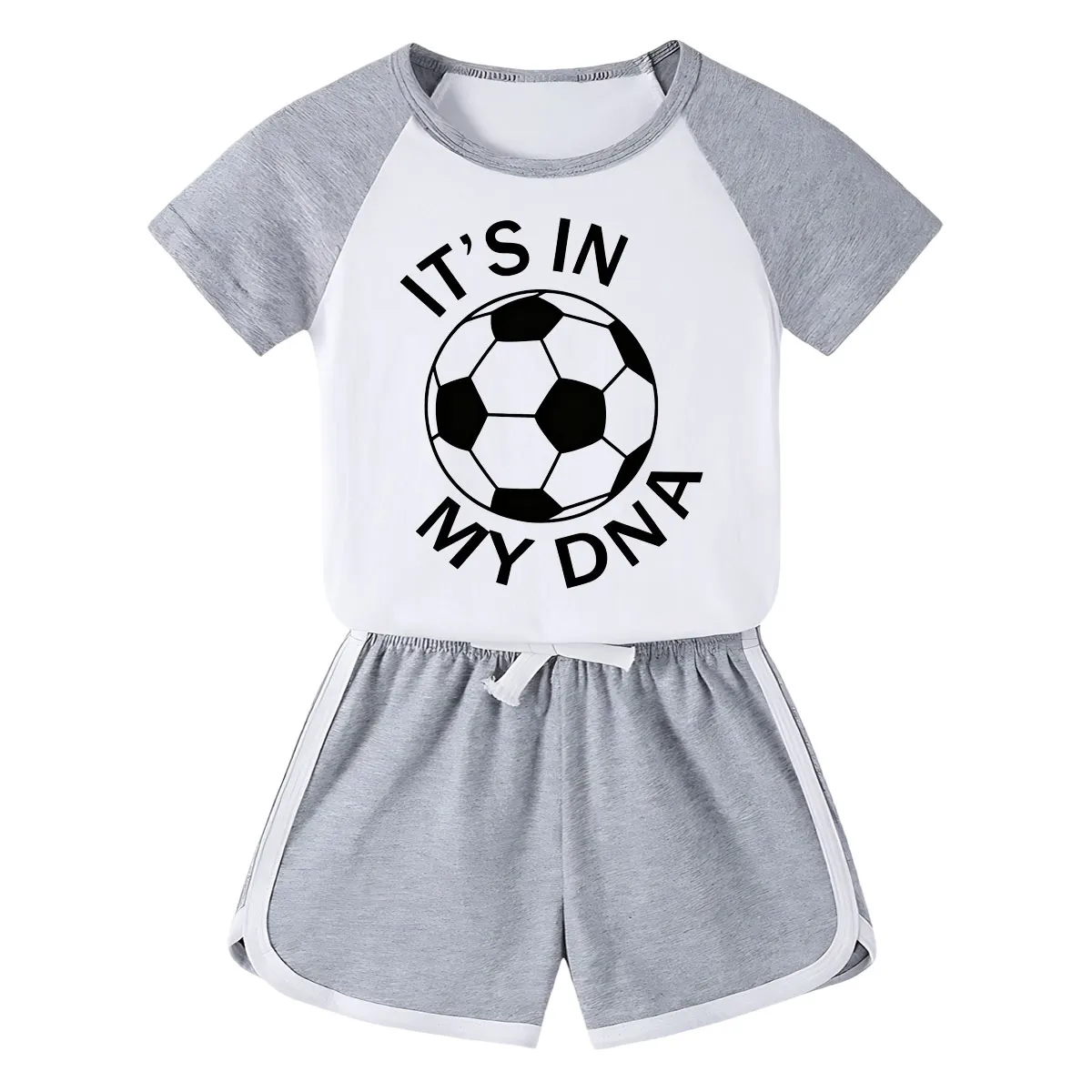 【18M-11Y】Toddler Soccer 'It's In My DNA' 2-Piece Outfit - Sporty Graphic Raglan Top & Shorts Set For Kids