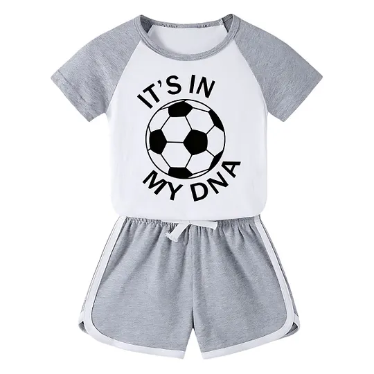 【18M-11Y】Toddler Soccer 'It's In My DNA' 2-Piece Outfit - Sporty Graphic Raglan Top & Shorts Set For Kids