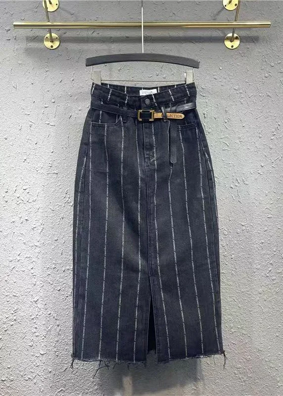 Italian Black Striped Front Open Pockets Patchwork Denim Skirt Fall