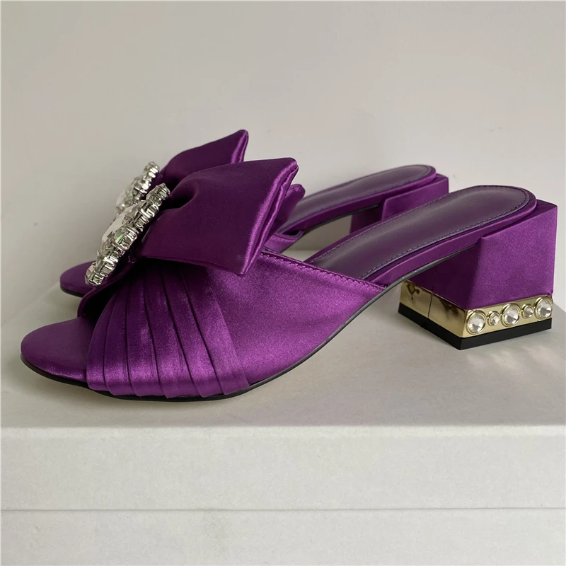 TAAFO Pleated Satin Butterfly-knot Sandals For Girls Women Jeweled Crystal Square Heel Slingbacks Diamond Rhinestone Mules Lady 