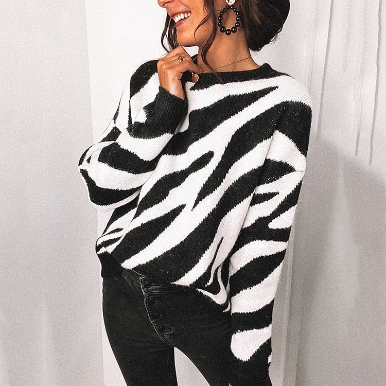 VChics Vintage Zebra Print Long Sleeve Crew Neck Sweater