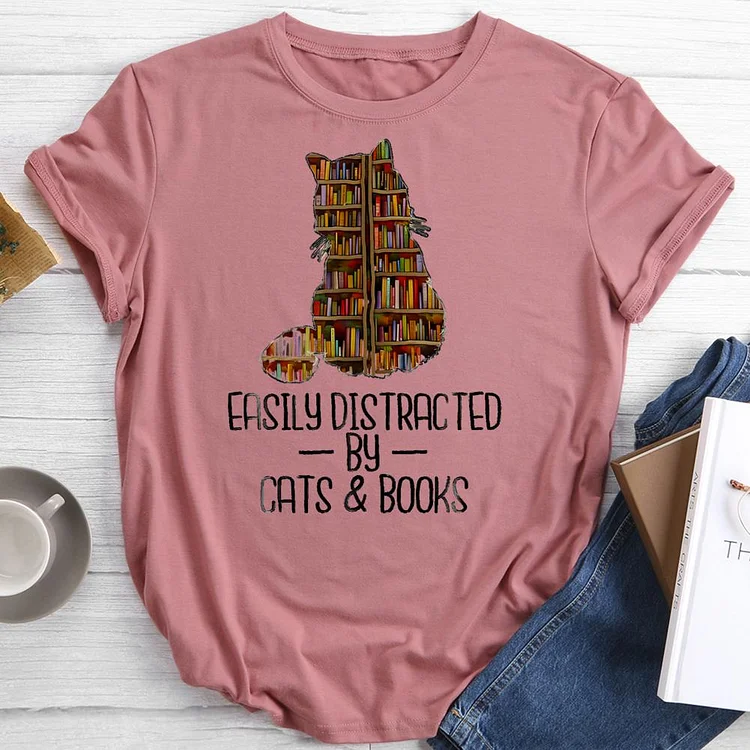 easily distracted by cats and books Round Neck T-shirt-0021508
