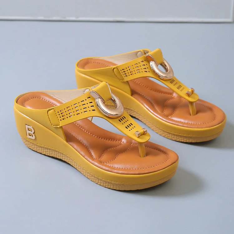 Platform Wedge Flip Flop Sandals With Metal Buckle