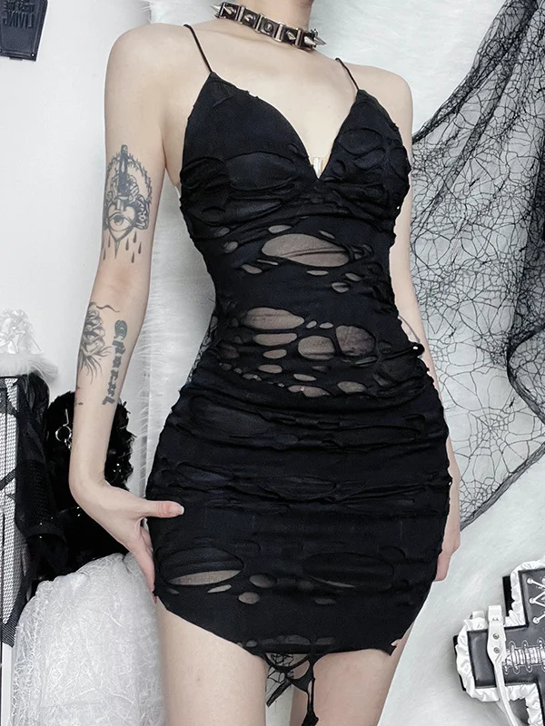 Trendy Black Ripped Spaghetti Straps Bodycon Dress