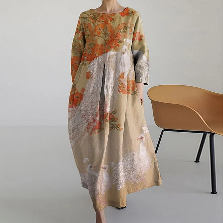 Comstylish Japanese Retro Peacock Art Vintage Long Sleeve Midi Dress