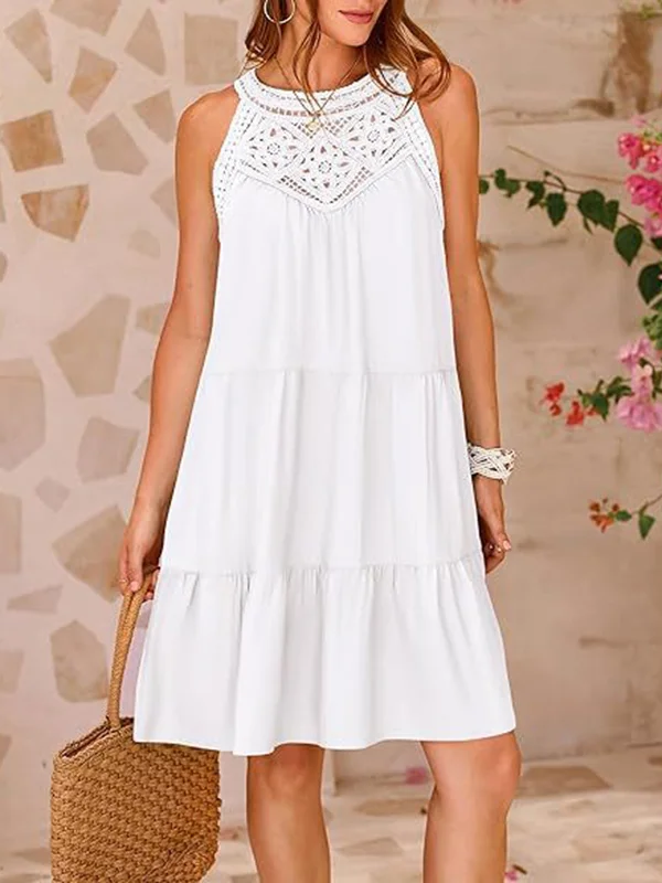 Hollow Pleated Solid Color Split-Joint Loose Sleeveless Round-Neck Mini Dresses