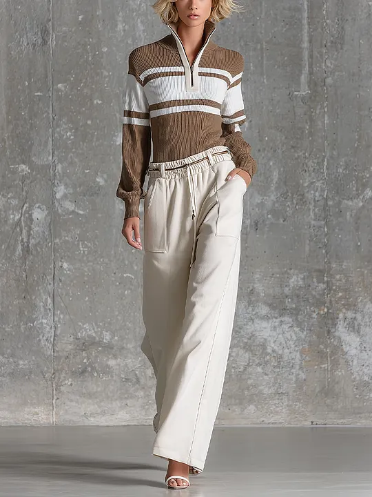 Women's Drawstring Beige Wide-leg Pants MD