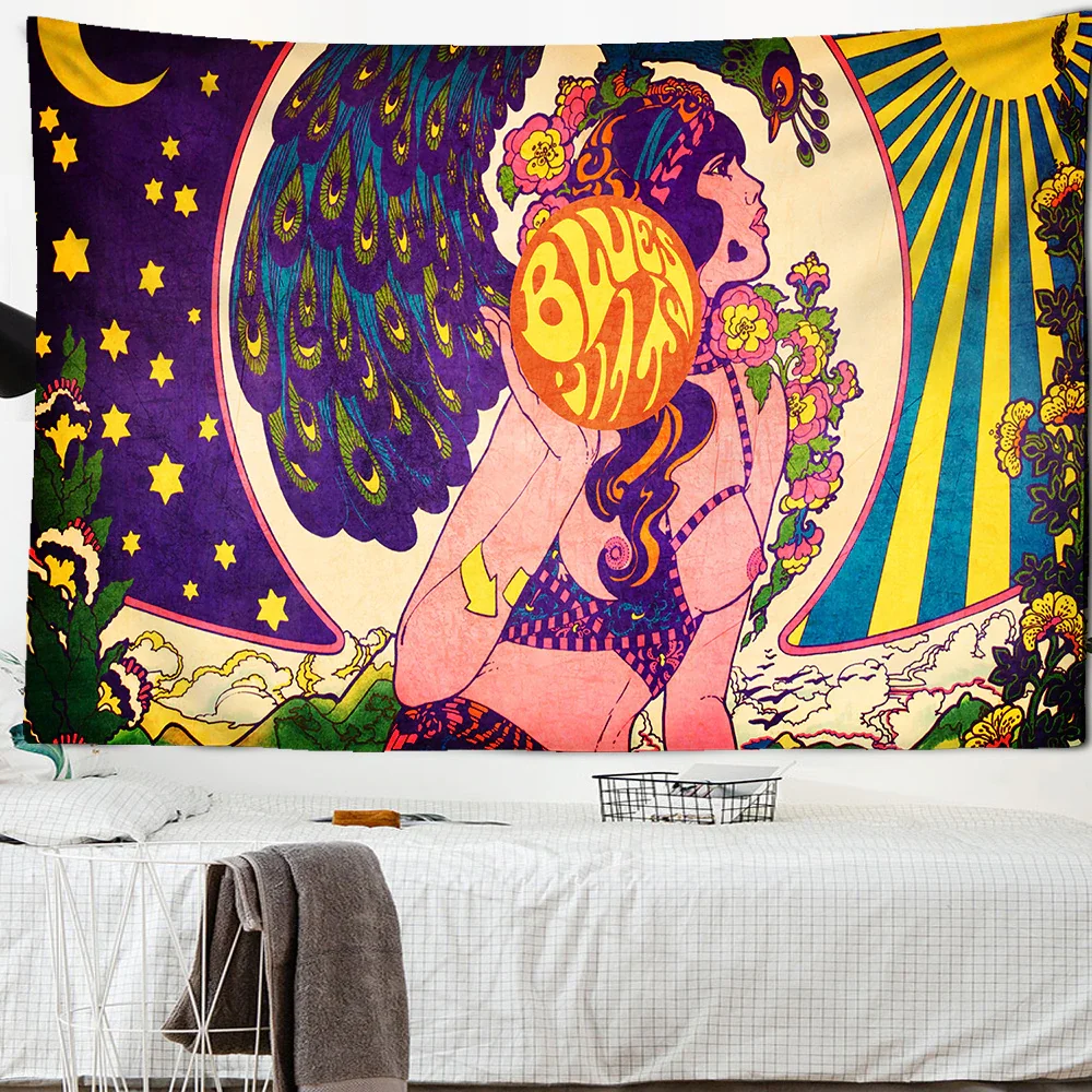 Nigikala Sun Moon Tapestry Wall Hanging Psychedelic Art Tapestries Wall Cloth Psychedelic Women Yoga Carpet Boho Decor