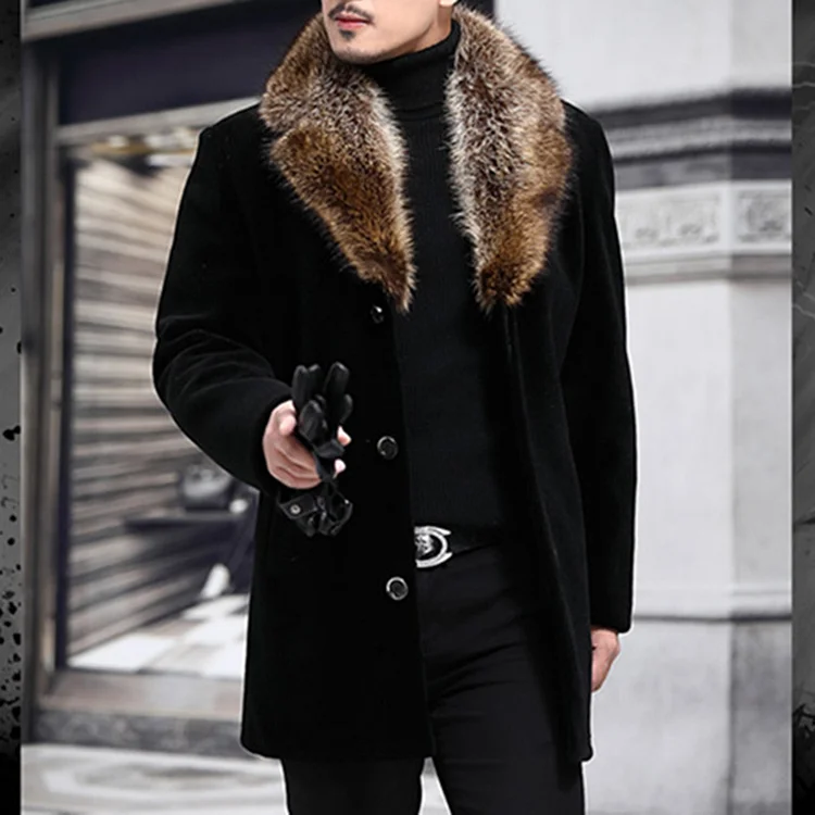 BrosWear Men's Winter Daily Street Fashion Fur Collar Black Long Coat