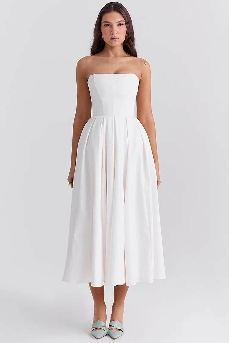 Elegant Strapless Corset Back Zipper Pleated Midi Dresses-White [Pre Order]
