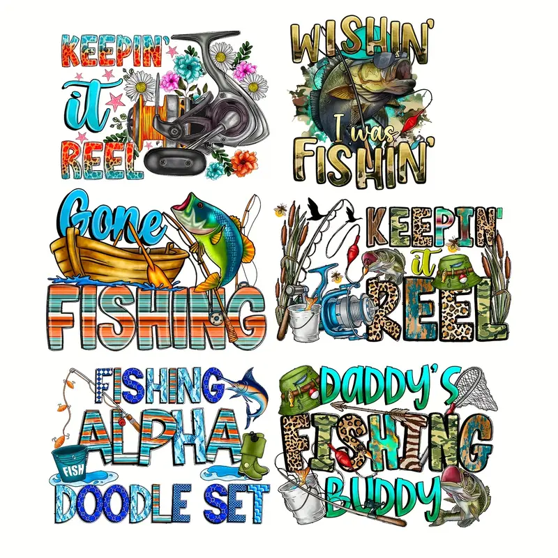 6pcs/set Hot Sale Outdoor T-shirt and Hoodie Iron On Heat Transfer Sticker Fishing Themed Pattern For DIY Clothing T-Shirt, Jeans, Backpack Decoration with Good quality-Guru-buzz