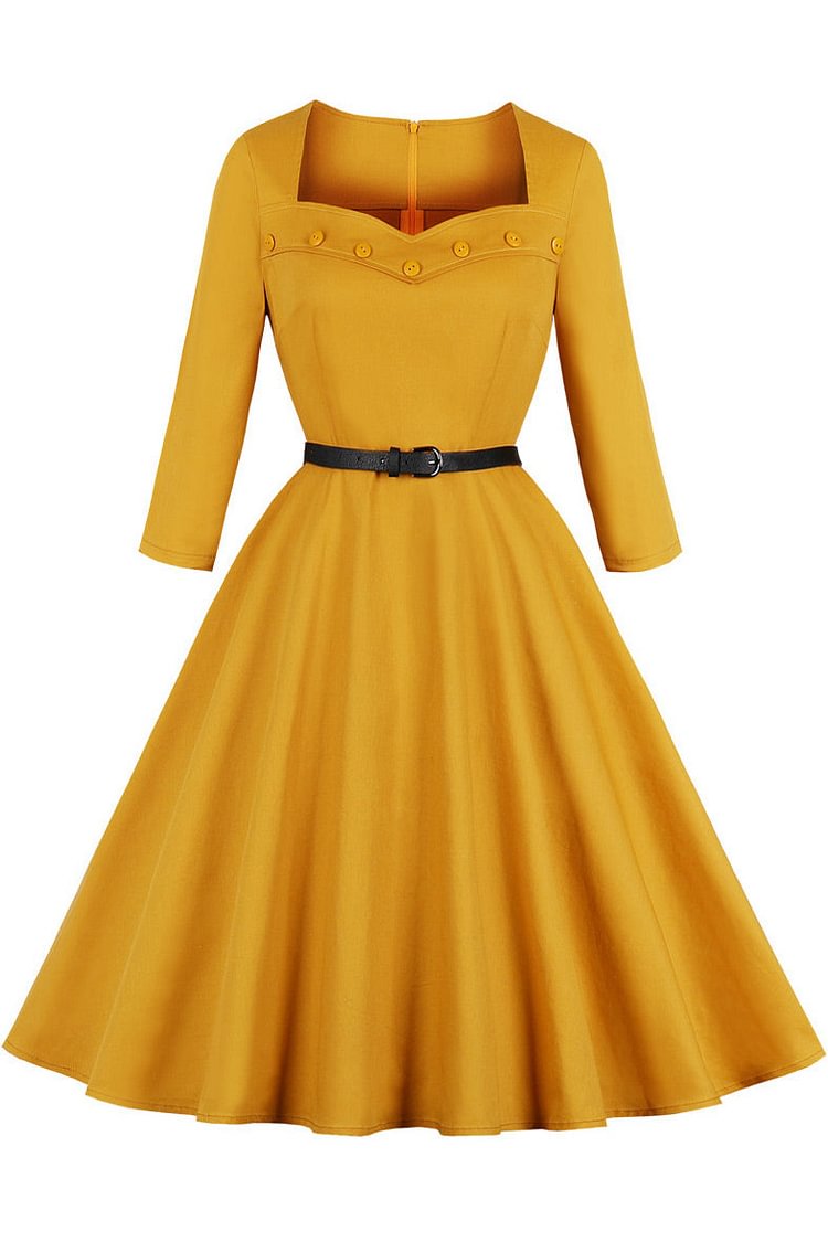 Yellow Square Collar Retro Dress - Shop Trendy Women's Clothing | LoverChic