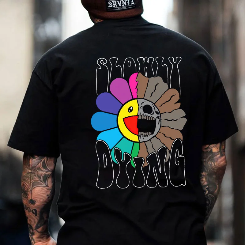 SLOWLY DYING Sunflower Emoji Skull Black Print T-Shirt