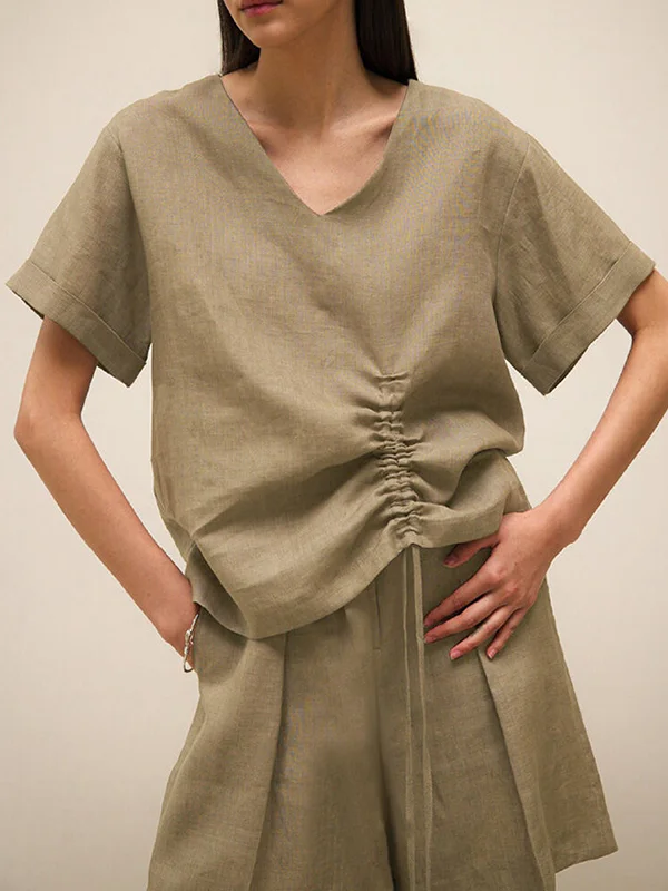 Roomy Short Sleeves Drawstring Pure Color V-Neck T-Shirts