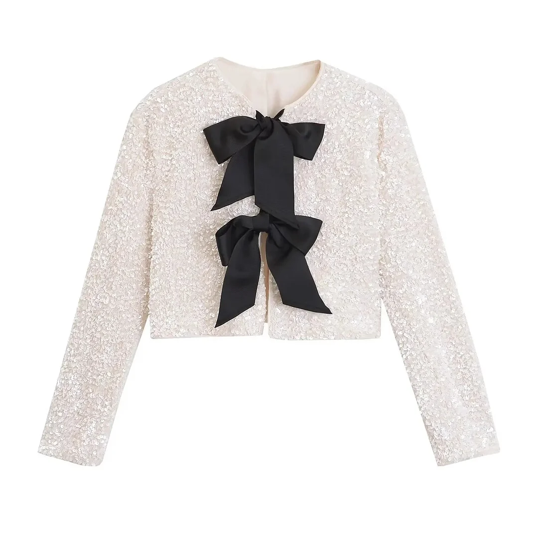Tlbang New Women Contrast Color Bow Sequin Jacket Long Sleeve O Neck Female Party Elegant Crop Coat
