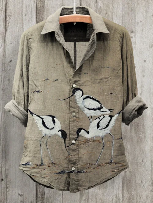 Women's Vintage Bird Art Print Long Sleeve Cotton And Linen Shirt