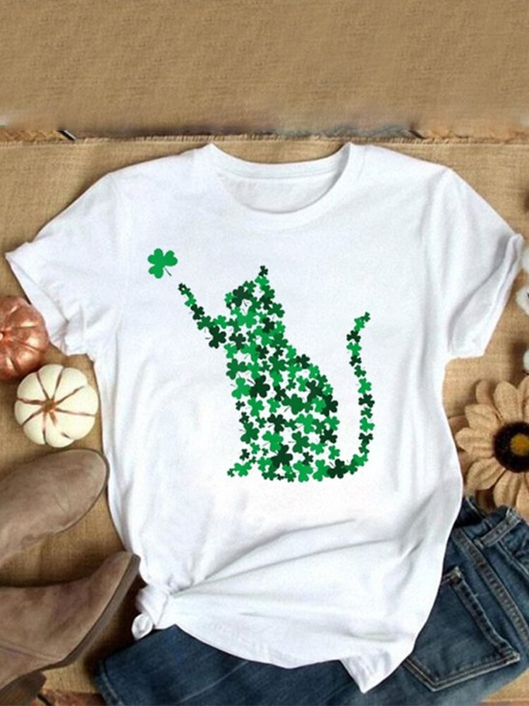 Cat Printed Casual O Neck Short Sleeve T shirt P1709928