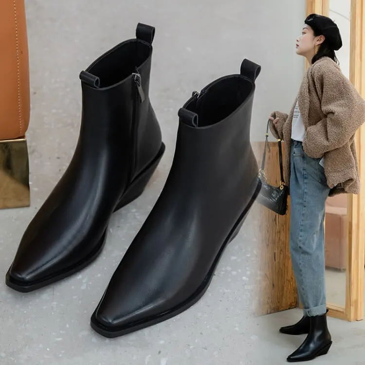 VCSHOES Black Leather Square Toe Wedge Ankle Boots
