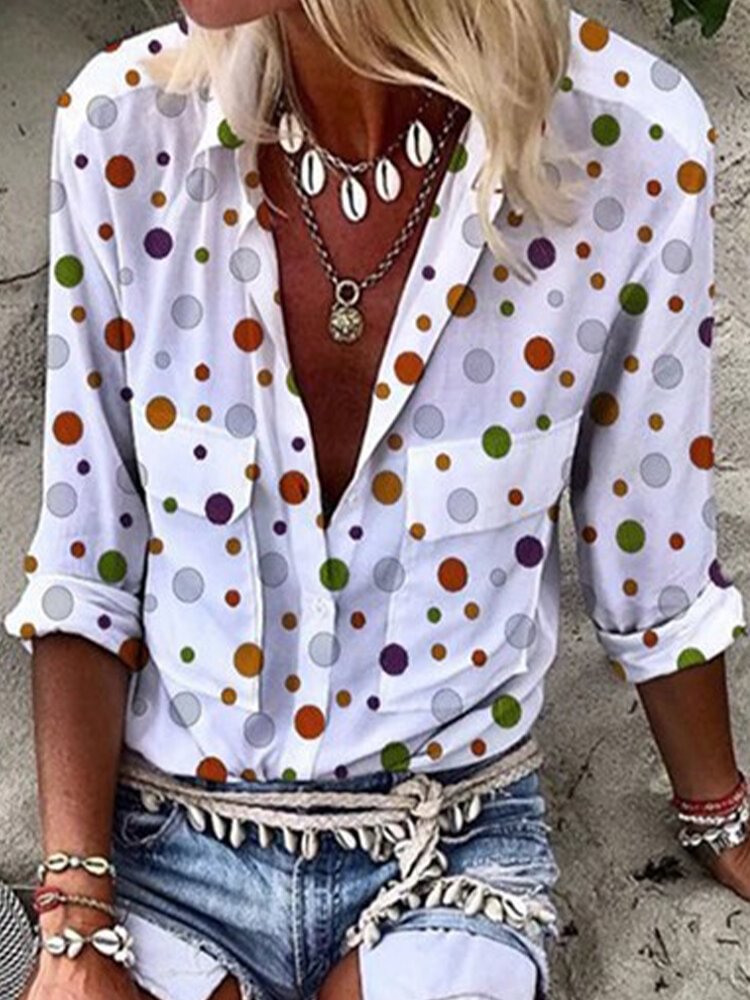 Polka Dot Printed Lapel Long Sleeve Button Blouse P1690865