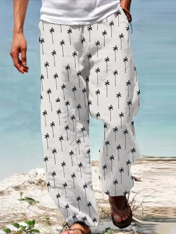 Men's Resort-Style Coconut Tree Element Design Elastic Waist Lace-Up Casual Pants