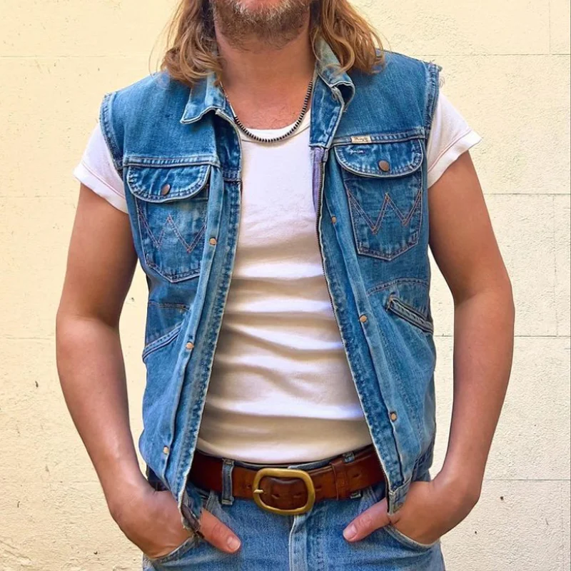 Vintage Denim And Plain Patch Embroidered Single-Breasted Vest