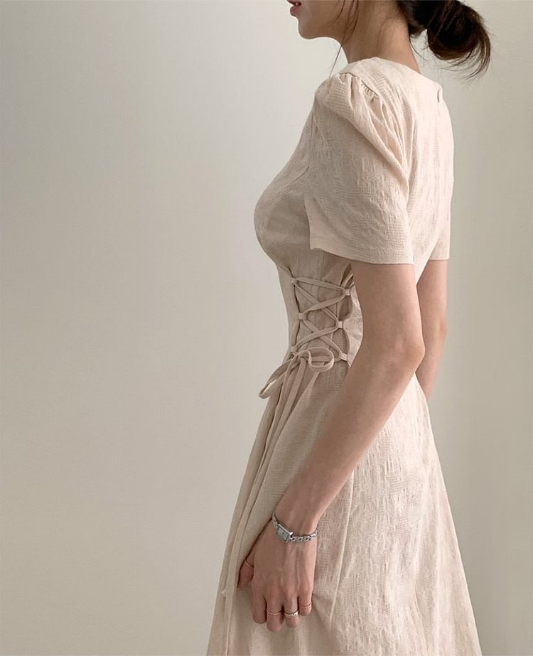 2022 New Women Solid Sides Strap Slim Dress V-neck Short Sleeeves Light Flowers Partern Vestidos Freach Gentle Hot платье - BlackFridayBuys