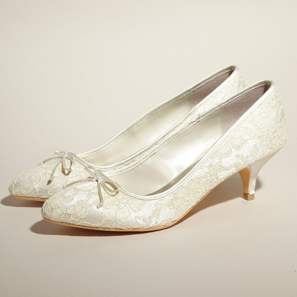 Fsj Lace Bow Ivory Kitten Heel Pumps, image size:1020x1020