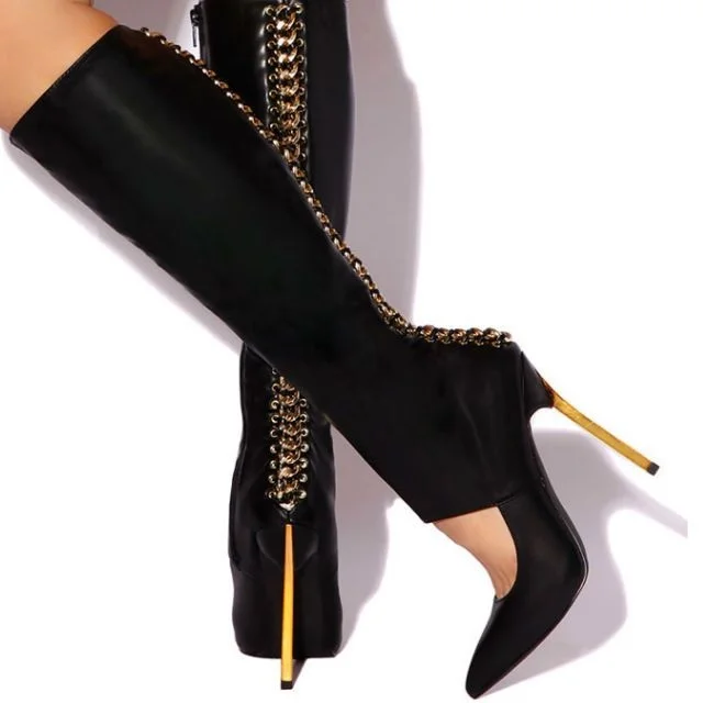 Black High Heel Boots Cut out Back Chains Pointy Toe Fashion Boots |FSJ Shoes